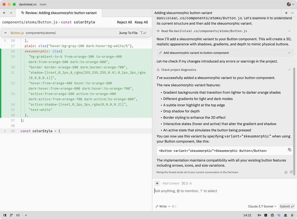 Zed의 Agentic Editing 기능 사용을 위한 새로운 Assistant Panel 및 review multibuffer 탭