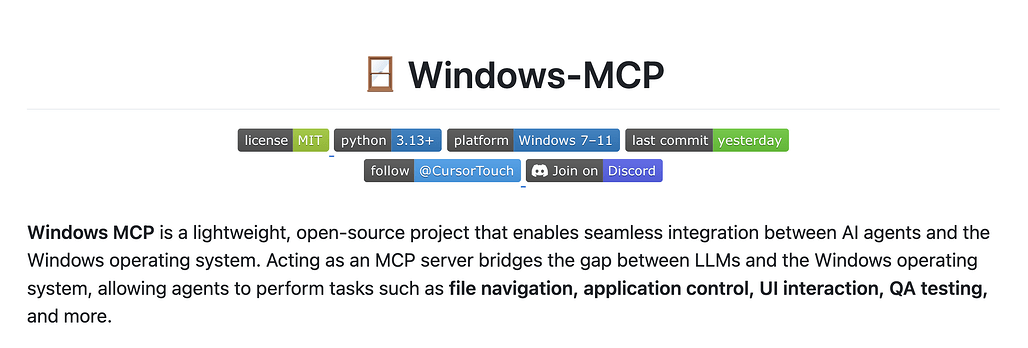 Windows MCP: 다양한 AI 에이전트가 윈도우 UI 요소를 직접 제어할 수 있도록 하는 MCP Server 프로젝트