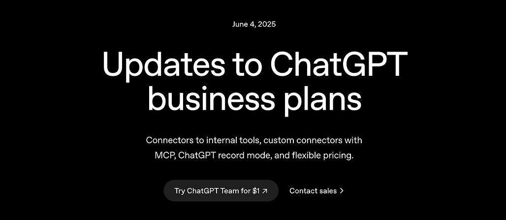 OpenAI, ChatGPT 비즈니스 플랜 업데이트를 통해 내부 도구 연결, 회의 녹음, 커스텀 연결 등을 지원하기 시작