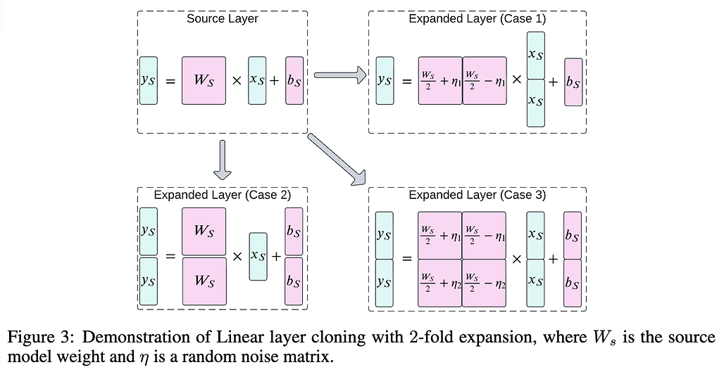 선형 계층 클로닝 (Cloning Linear Layers) 방법 개요:  는 원본 모델의 가중치이며, $