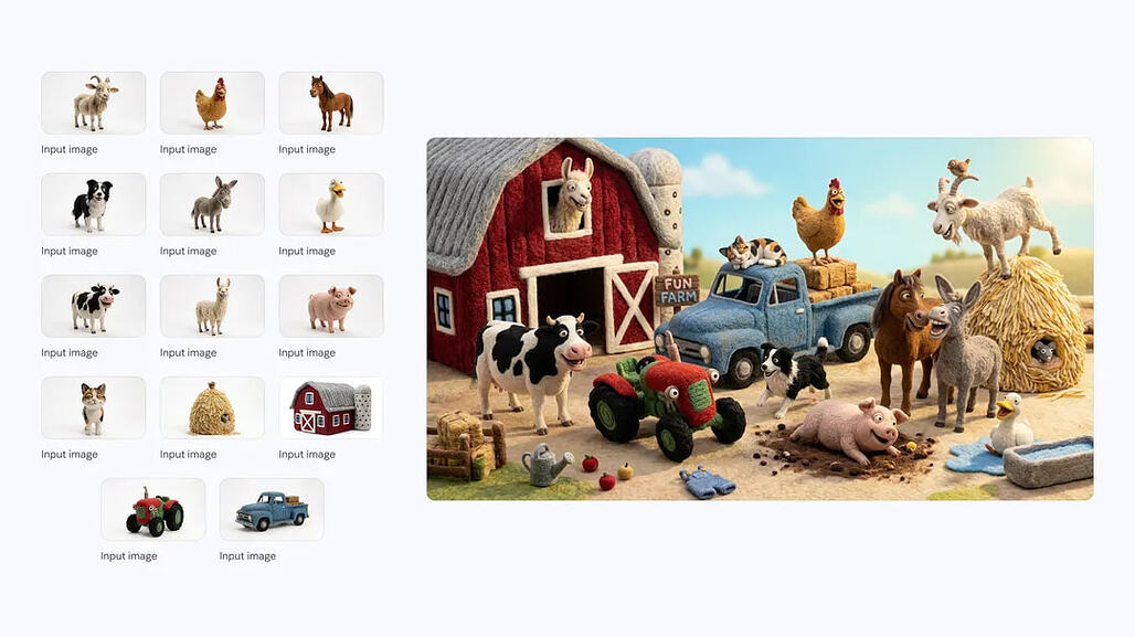 Nano Banana 2 예시 이미지: Joyful characters and items at a farm