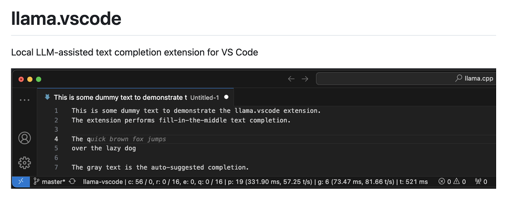 llama.vscode: Visual Studio Code에서 LocalLLM을 활용하여 코드 및 텍스트 자동완성을 지원하는 확장 프로그램