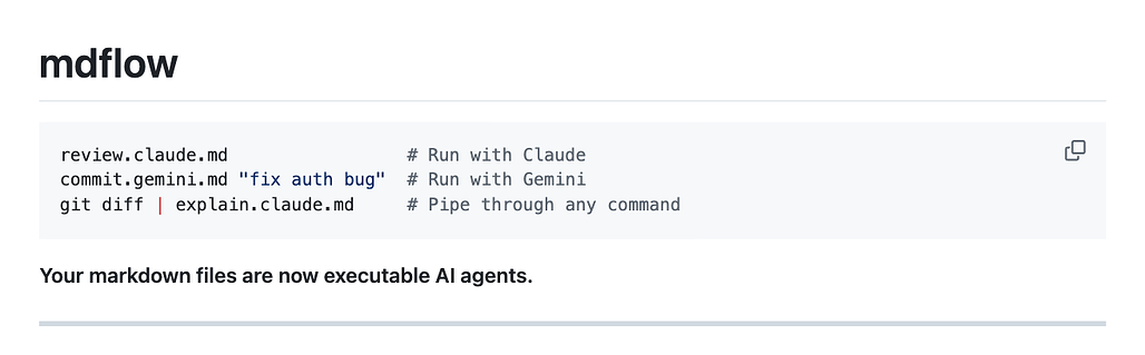 mdflow: Markdown 형태로 프롬프트를 작성한 뒤, CLI 명령어처럼 실행할 수 있도록 하는 프로젝트