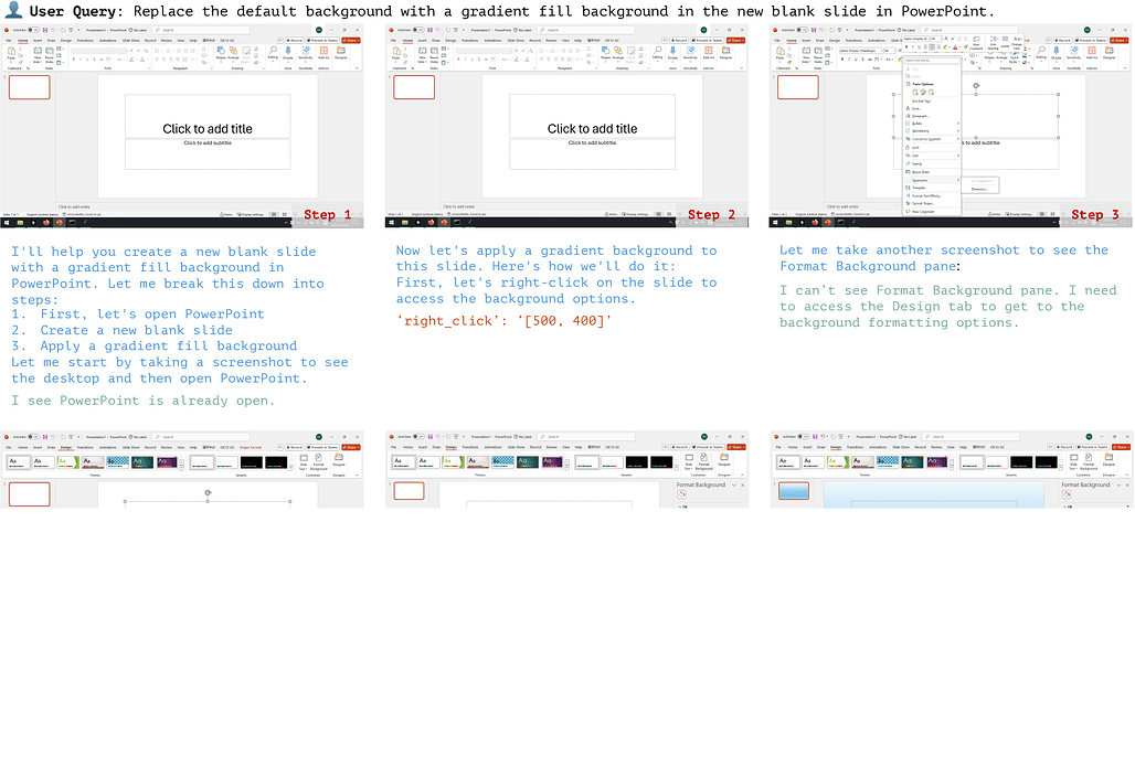 Claude의 GUI Agent 활용 사례에 대한 초기 연구: 주요 사례별 실험 요약 - 오피스 생산성 소프트웨어, 슬라이드에 그라디언트 배경 적용