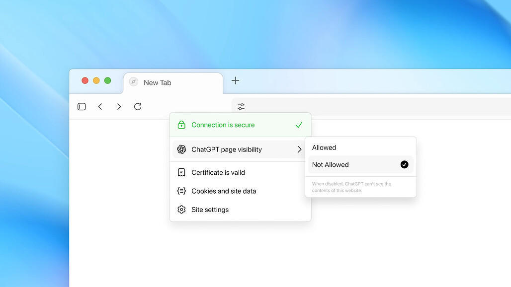 Atlas의 주요 기능: 프라이버시 중심의 설계 - 웹 브라우징 포함 옵션을 활성화하는 예시