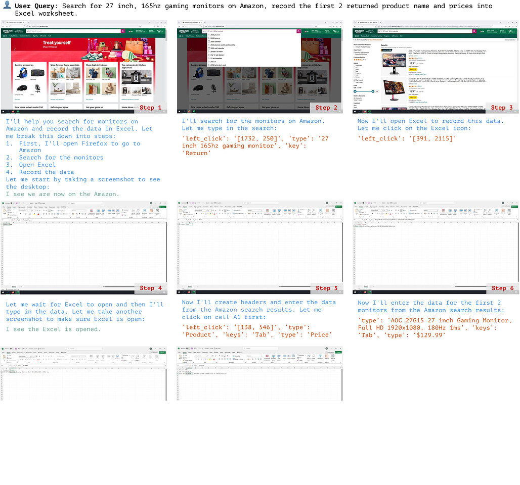 Claude의 GUI Agent 활용 사례에 대한 초기 연구: 주요 사례별 실험 요약 - 워크플로우, Amazon에서 상품 검색 후 가격을 Excel에 기록