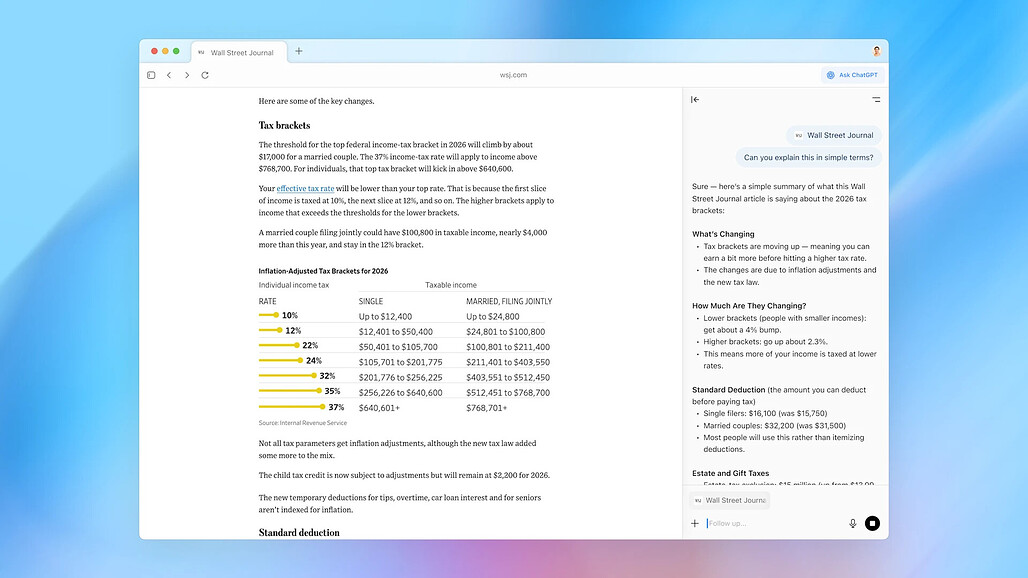 Atlas의 주요 기능: 'Ask ChatGPT'를 눌러 사이드바에서 ChatGPT와 대화 예시
