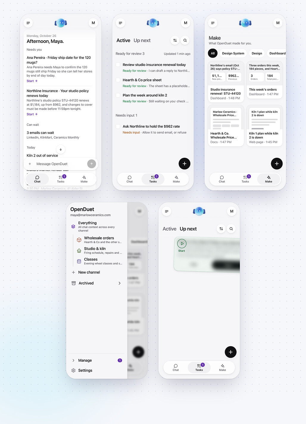 OpenDuet의 5가지 휴대폰 화면, 아침 브리핑, Tasks, Make, 채널 목록, 작업 제안 카드
