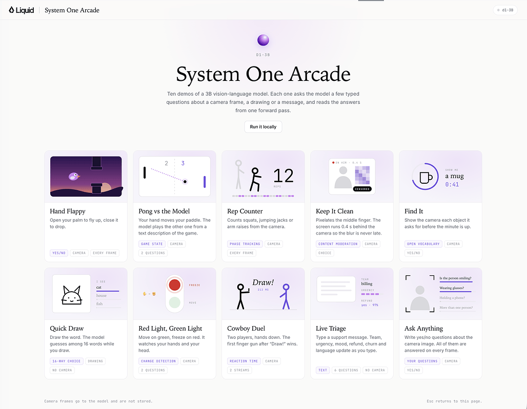 System One Arcade 화면: d1-3B 데모 카드 10개와 각 데모의 질문 유형 태그
