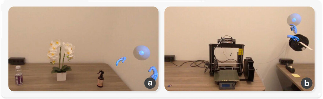 난초 관리 과제와 3D 프린터 튜토리얼 과제의 실제 XR 화면 / User study setup with orchid care and 3D printer tasks