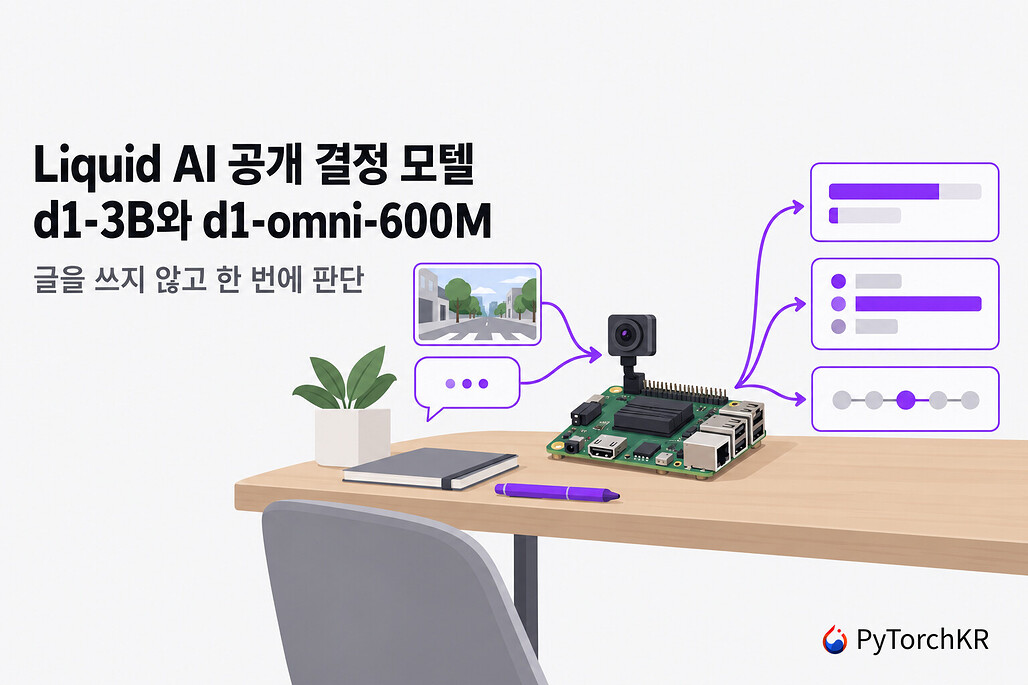Liquid AI 결정 모델 d1-3B와 d1-omni-600M이 영상과 문장을 받아 세 가지 답을 확률 막대로 내놓는 그림