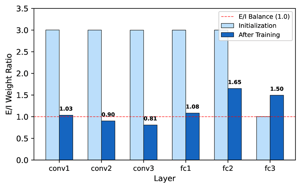 초기화 시점과 250 에폭 학습 후의 E/I 가중치 비율 / E/I weight ratio at initialization vs. after 250 epochs