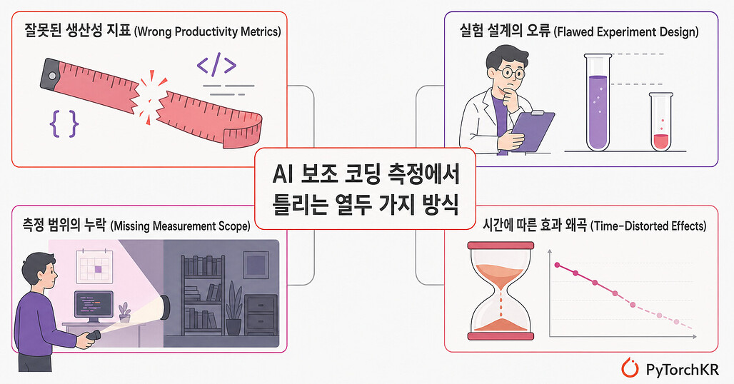 AI 보조 코딩 측정에서 틀리는 열두 가지 방식에 대한 인포그래픽