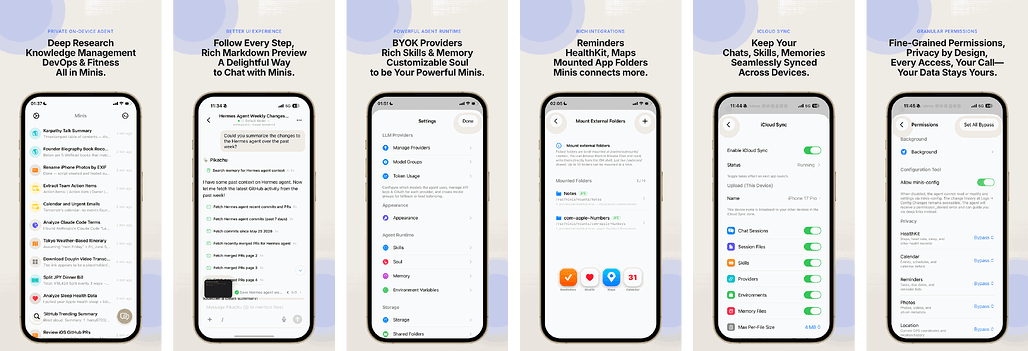 OpenMinis의 iOS 화면 구성: 딥 리서치 목록, 대화, 에이전트 런타임 설정, 외부 폴더 마운트, iCloud 동기화, 세부 권한 설정