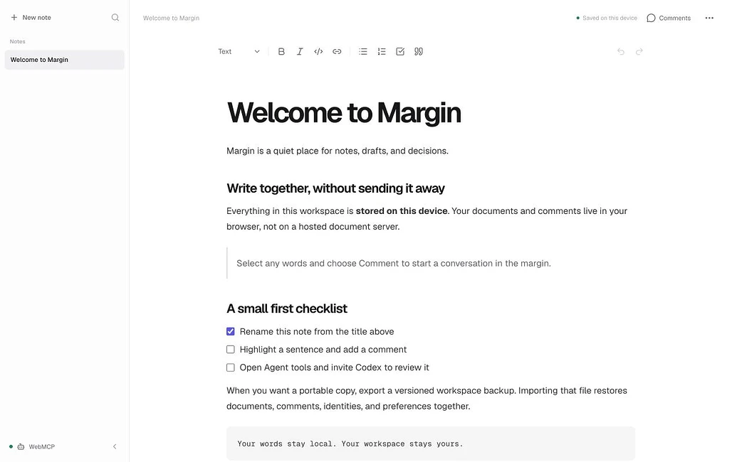 Margin Editor의 화면, 좌하단에 WebMCP 표시가 있는 로컬 노트 앱