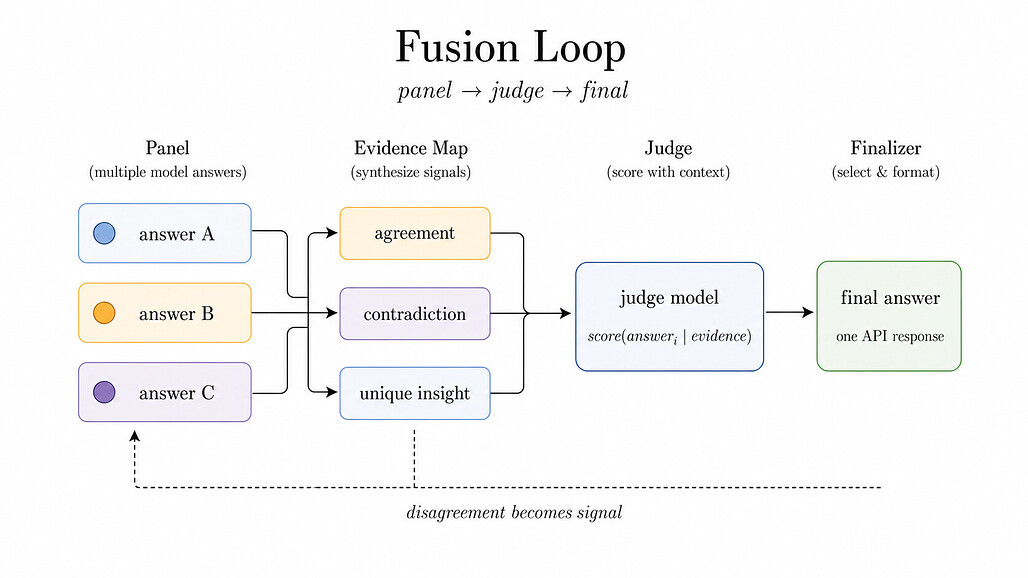 불일치를 증거로 전환하는 Fusion 루프 다이어그램