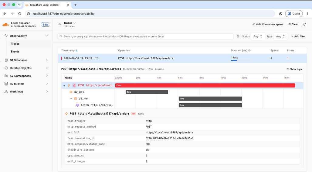Cloudflare Local Explorer에서 POST /api/orders 요청의 트레이스를 확인하는 화면, kv_get, d1_run, fetch 스팬과 500 상태 코드가 표시됨
