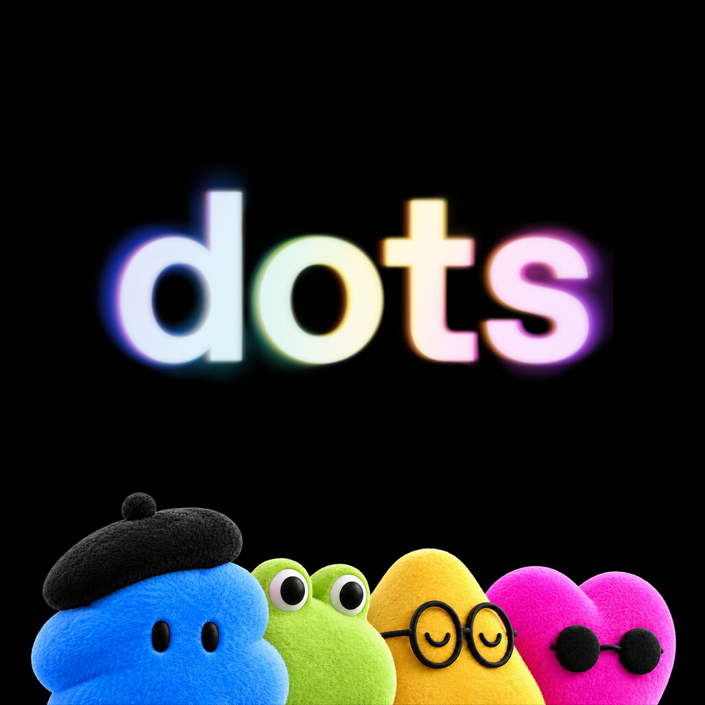 dots 소개 이미지, 여러 색의 둥근 dot 캐릭터들