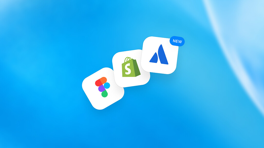 파란 배경 위의 Figma, Shopify 플러그인 카드