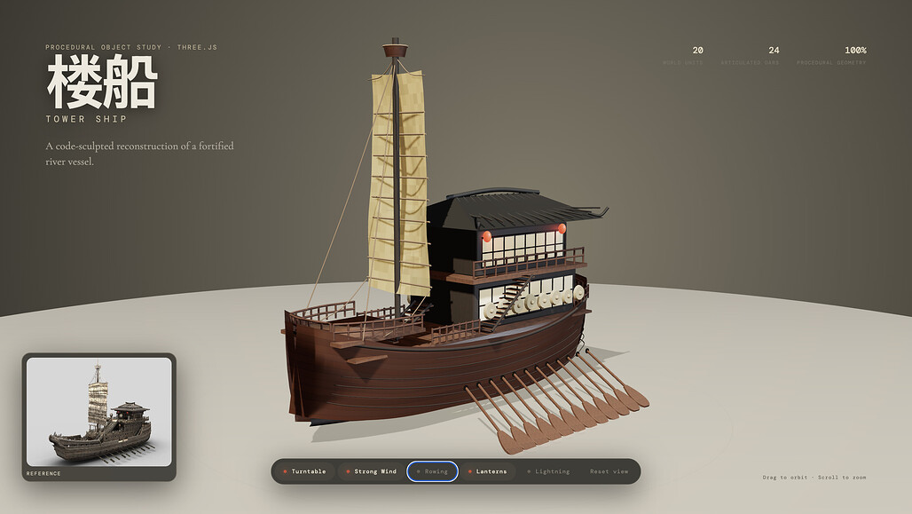 img2obj로 참조 이미지에서 재구성한 절차적 Three.js 누선(Tower Ship) 데모 화면