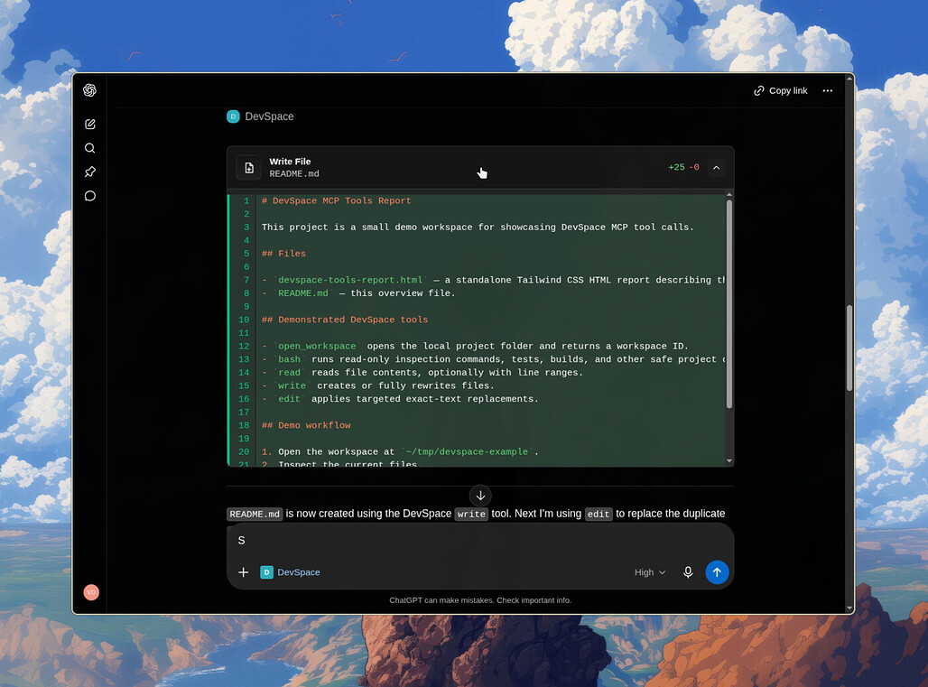ChatGPT가 DevSpace의 write 도구로 로컬 파일을 만드는 화면