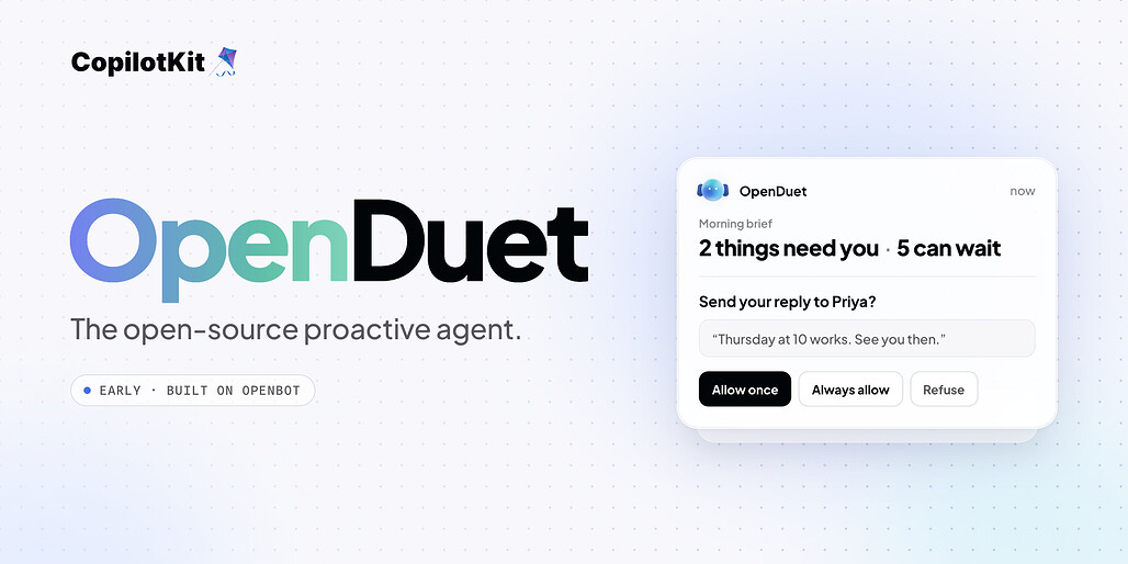 OpenDuet 공식 배너, 아침 브리핑과 승인 버튼이 있는 카드