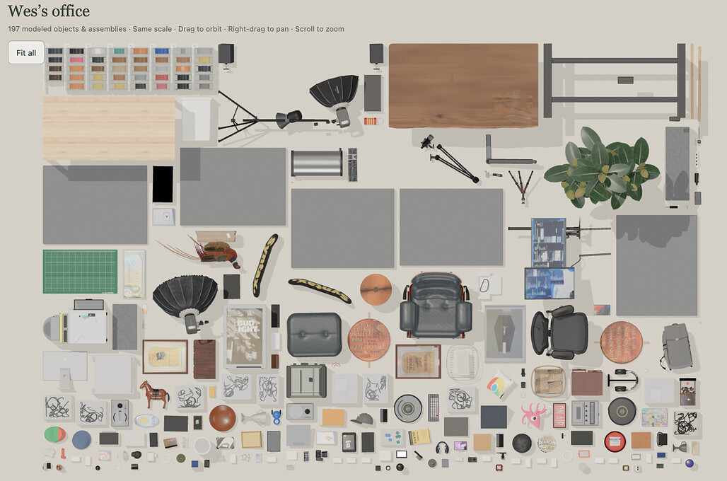 3D Model Anything 뷰어의 Knolling 보기, 사무실 오브젝트 197개를 같은 축척으로 펼친 화면