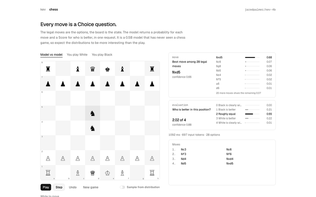 kev의 체스 화면에서 합법 수 28개를 선택지로 둔 Choice 질문과 형세를 매기는 Score 질문의 응답
