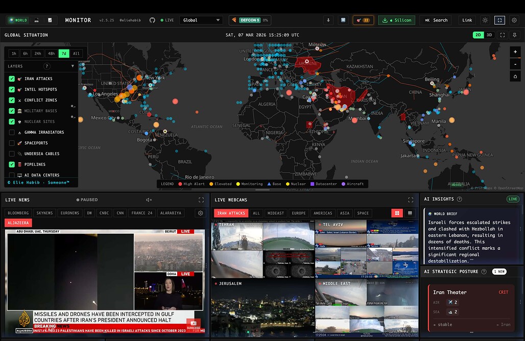 World Monitor 대시보드의 지도와 라이브 뉴스, AI 브리핑 패널 화면