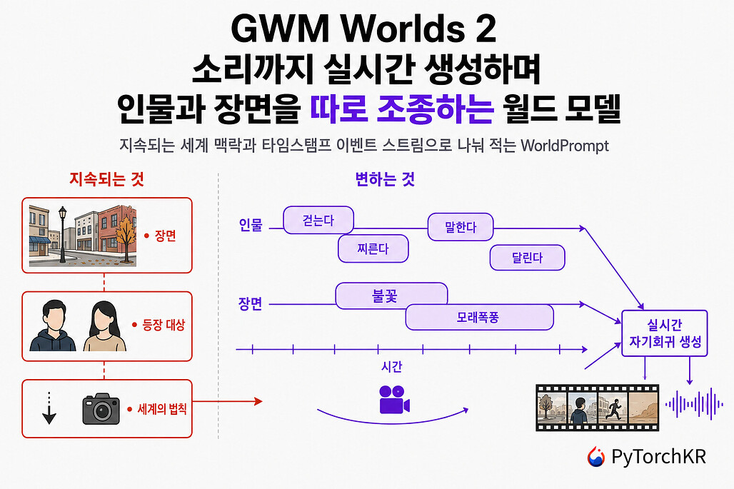 GWM Worlds 2의 WorldPrompt 구조를 나타낸 히어로 이미지. 왼쪽에는 장면, 등장 대상, 세계의 법칙이 지속되는 맥락으로 묶여 있고, 오른쪽에는 인물과 장면 레인 위에 시간순으로 겹쳐진 텍스트 액션이 놓여, 둘이 실시간 자기회귀 생성으로 모여 영상과 음향이 나온다
