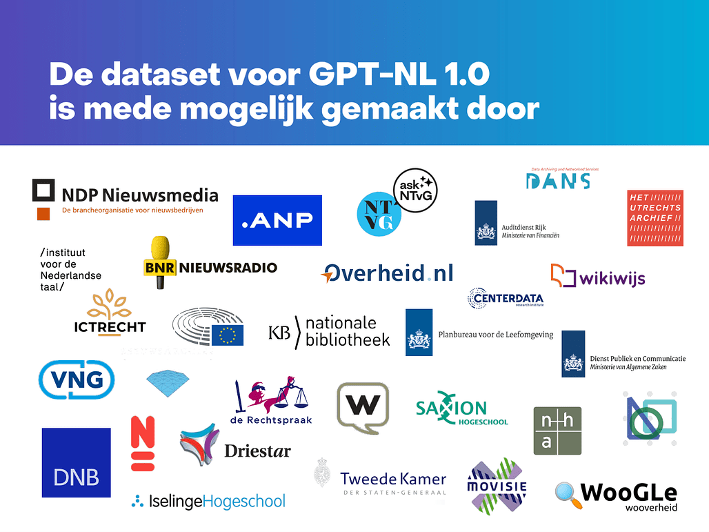 GPT-NL 1.0 데이터셋에 기여한 데이터 제공 기관들의 로고 모음