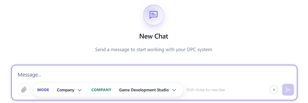 OpenOPC의 새 대화 화면에서 Company 모드와 회사 아키텍처를 고르는 모습
