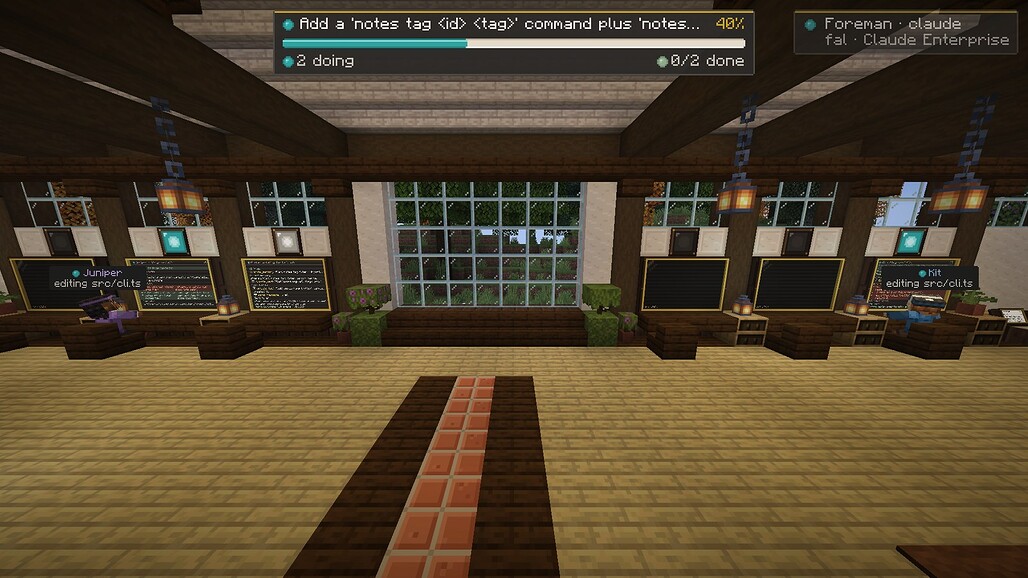 AgentCraft 실제 실행에서 Foreman 재시작 후 팀이 작업을 이어가는 화면