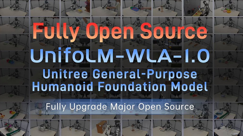 UnifoLM-WLA-1.0 발표 영상 표지 이미지, 64개 작업의 실기 평가 장면 격자