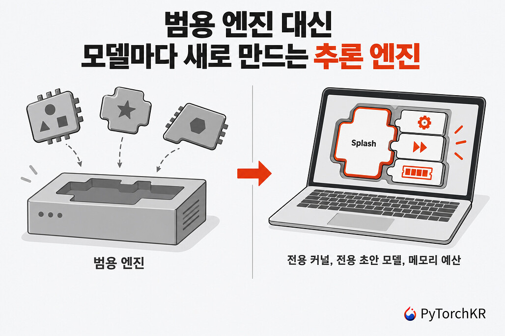 Splash가 범용 추론 엔진과 달리 모델마다 커널과 초안 모델을 새로 만드는 구조를 나타낸 그림
