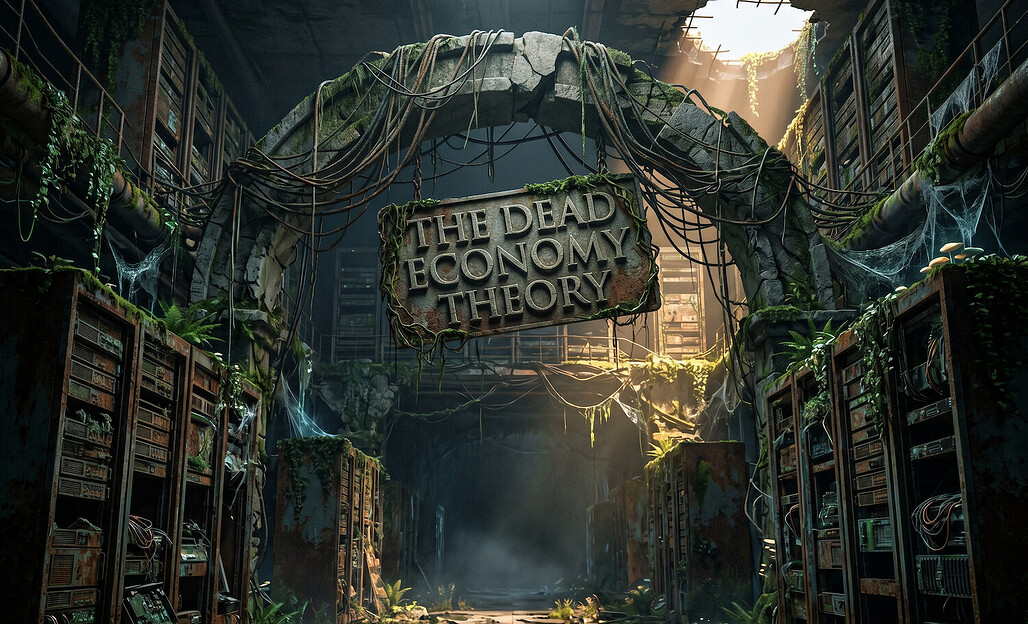 폐허가 된 데이터센터 아치에 THE DEAD ECONOMY THEORY 간판이 걸린 죽은 경제 이론 히어로 이미지