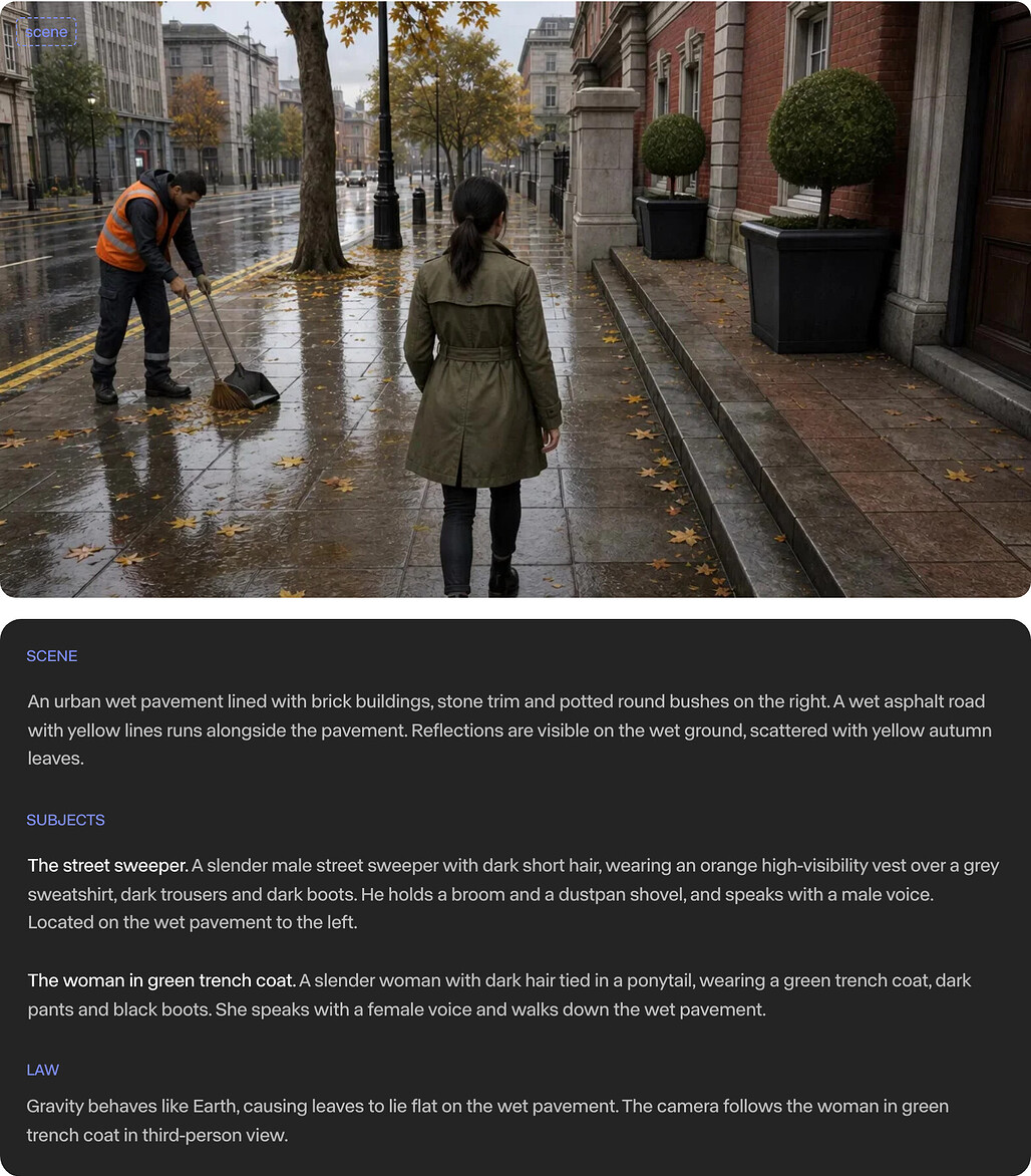 WorldPrompt 예시. 왼쪽은 비에 젖은 도심 인도에서 청소원과 트렌치코트 여성이 등장하는 첫 프레임이고, 오른쪽 패널에는 장면(SCENE), 등장 대상(SUBJECTS), 법칙(LAW) 세 항목의 서술이 적혀 있다