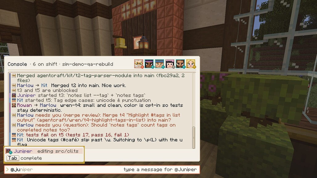 AgentCraft 콘솔에서 목표를 입력하고 에이전트 이름을 자동 완성하는 화면
