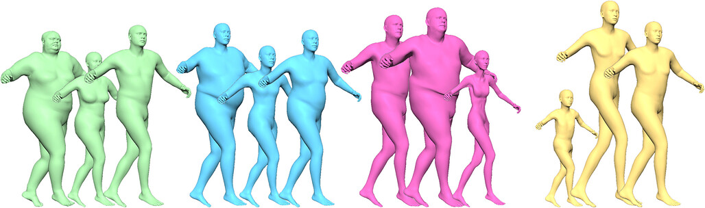 단일 자세로 구동한 여러 백엔드의 체형 다양성 / Shape diversity across backends driven by a single pose