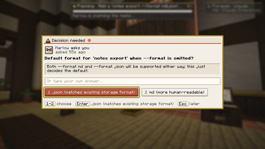AgentCraft 실제 실행에서 리드 에이전트가 내보내기 기본 형식을 묻는 질문 화면