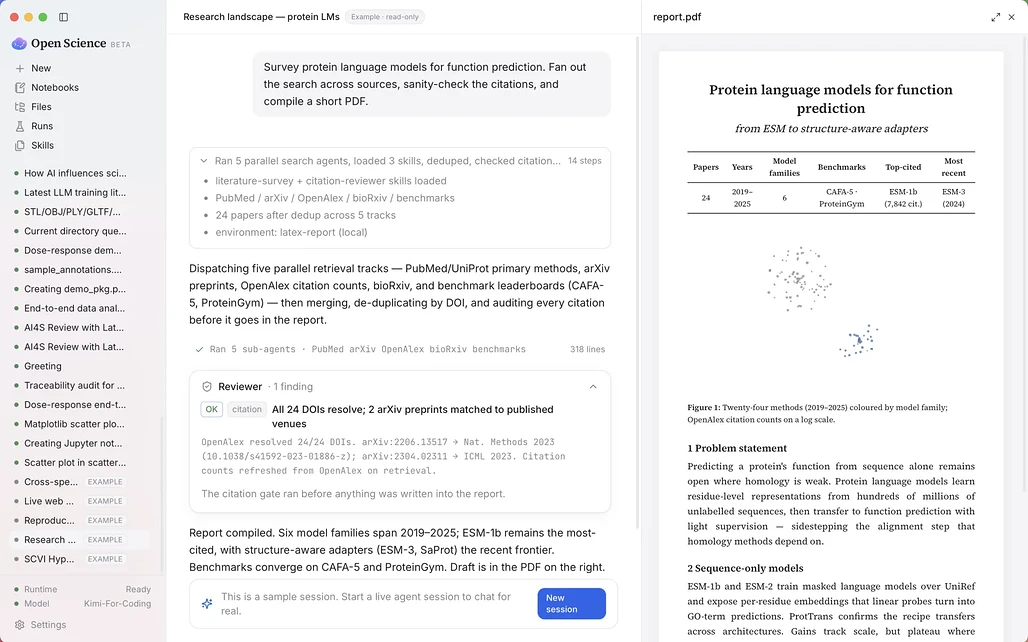 Open Science Desktop이 단백질 언어 모델 문헌 조사를 PDF 원고로 만들고 인용 검토기가 DOI를 확인하는 화면