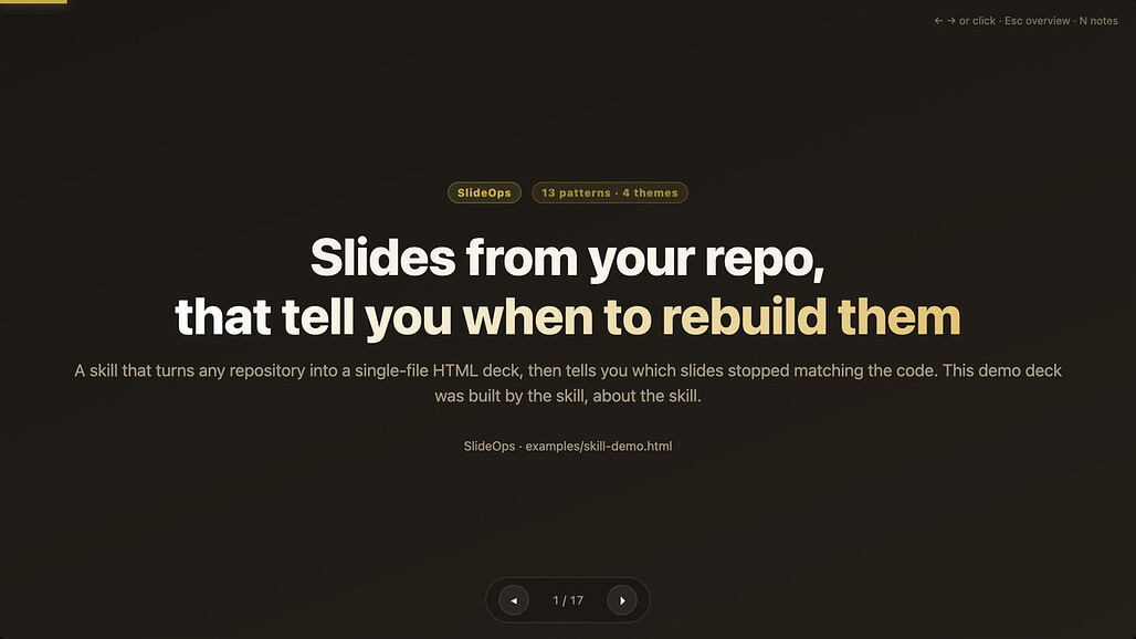 Ledger Dark 테마로 렌더링한 같은 SlideOps 슬라이드