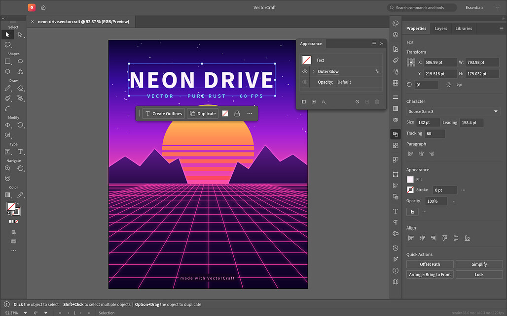 VectorCraft에서 Neon Drive 포스터의 제목에 외부 광선 효과를 적용하는 화면