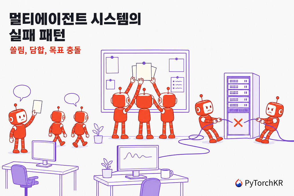 여러 AI 에이전트가 같은 게시판에 똑같은 쪽지를 붙이고 같은 서버 자원을 두고 충돌하는 멀티에이전트 실패 패턴 일러스트