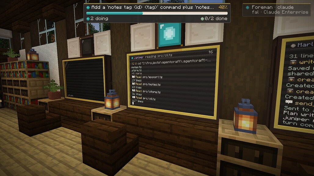 AgentCraft 실제 실행에서 작업자 모니터에 작업 로그가 표시되는 화면