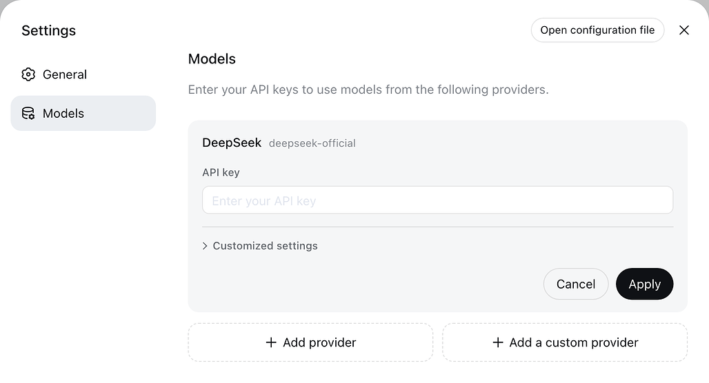 DeepSeek Harness Web UI의 모델 설정 화면과 공급자 추가 버튼