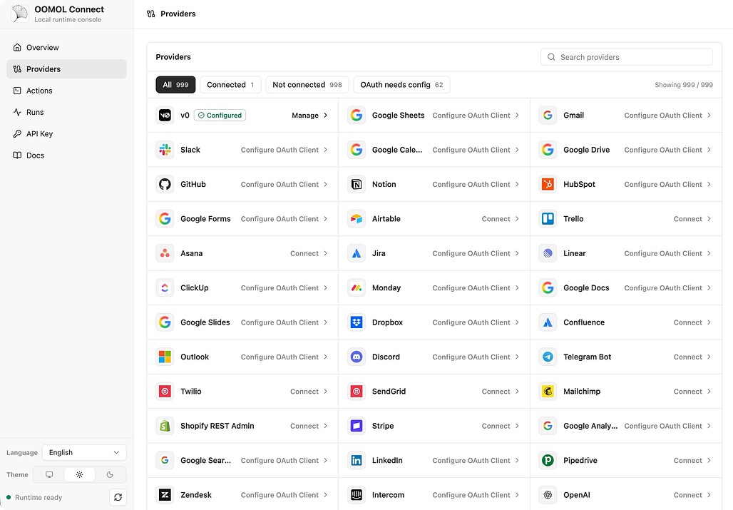OpenConnector 웹 콘솔의 프로바이더 카탈로그 화면