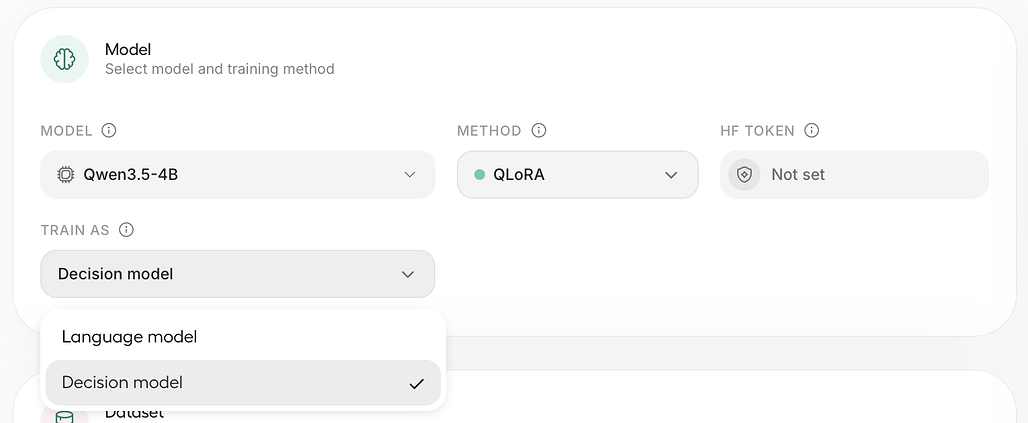 Unsloth Studio의 모델 설정 화면에서 Qwen3.5-4B, QLoRA를 고르고 Train as를 Decision model로 지정한 모습