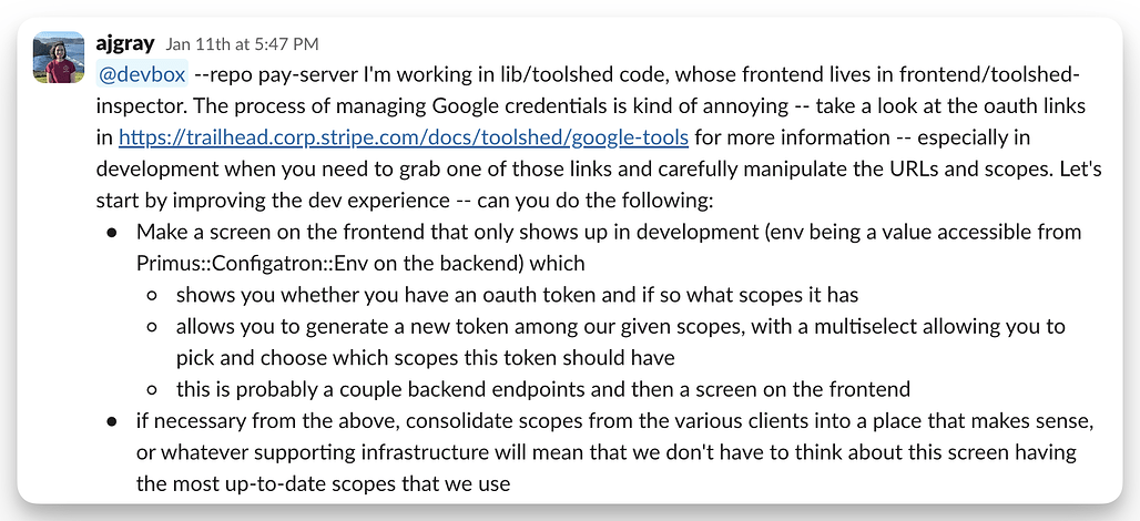 Slack 스레드에서 미니언을 호출하는 메시지 예시
