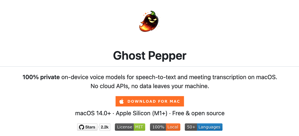 Ghost Pepper: WhisperKit과 로컬 LLM으로 100% 온디바이스에서 동작하는 macOS 음성 인식 및 텍스트 입력 도구